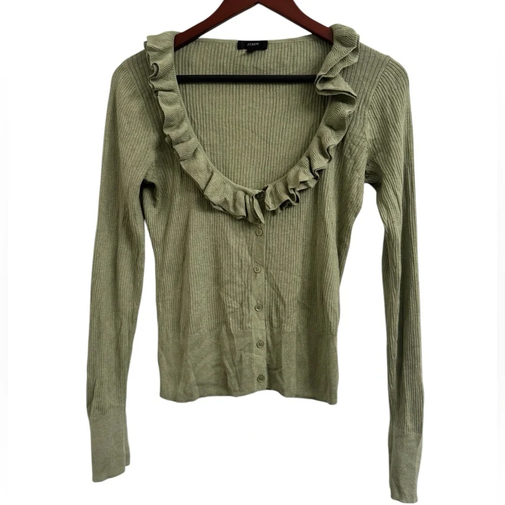 J. Crew green ruffle silk/cashmere blend button front ribbed cardigan size M